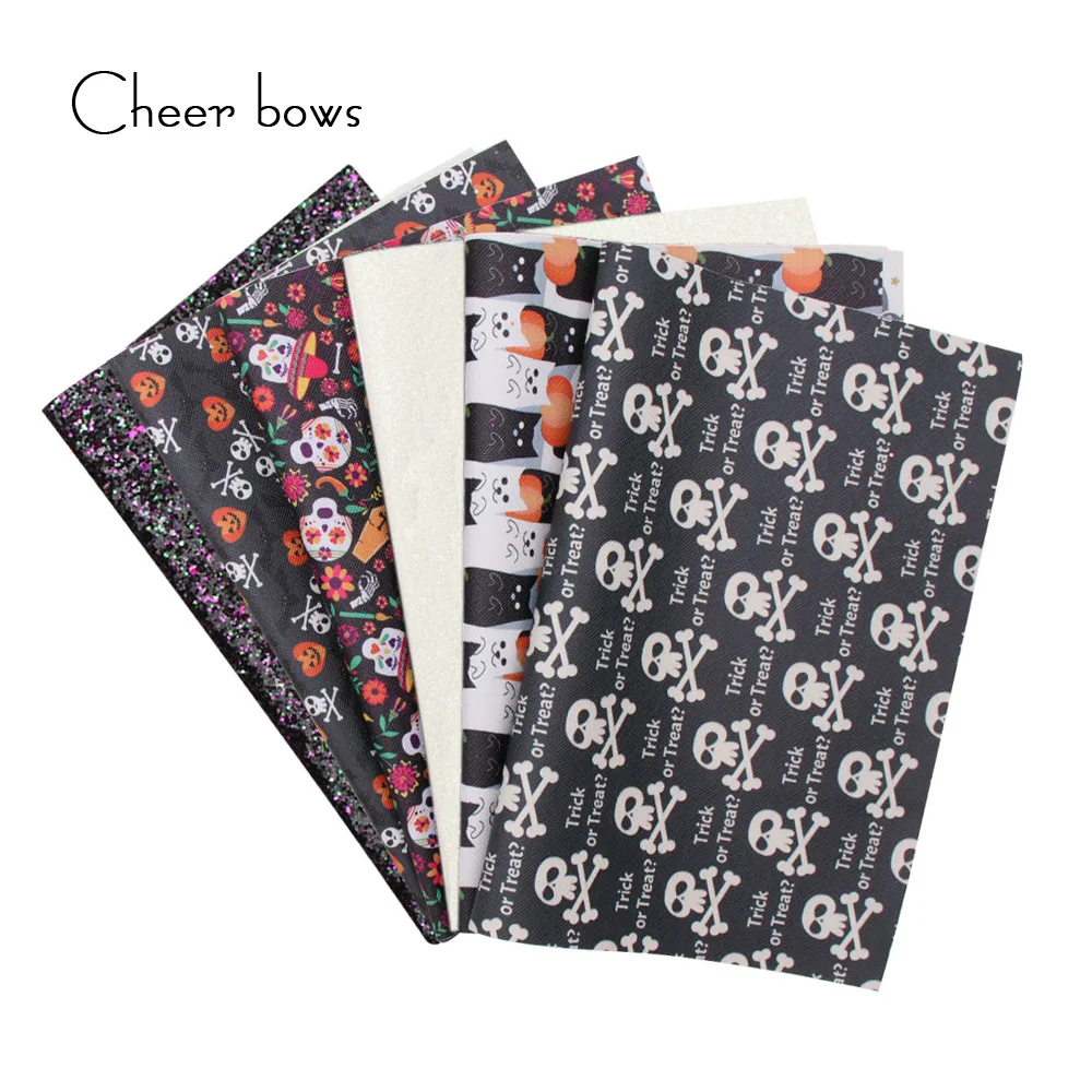 

6pcs/set Halloween Printed Faux Leather Synthetic Leather Sheets Glitter Fabric For DIY Bow Gifts Decor Making Hnadmade Material