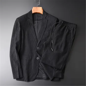 

Pleated Suits Men 2020 Plus Size 4XL Business Casual Blazer 2piece Sets Male Multi Pockets Elastic Waist Leisure Suits RM50306