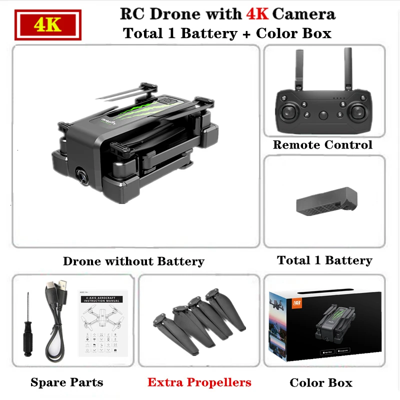 4K-Color Box-B1 Радиоуправляемый Дрон 4K HD широкоугольная камера Wifi FPV оптический поток селфи Квадрокоптер с стабилизатором 50X зум ESC камера игрушка в подарок - Цвет: 4K-Color Box-B1