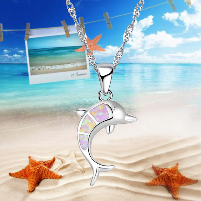Silver Color Blue Fake Fire Opal Dolphin Necklace Pendant Jewelry, Suitable For Party Accessories Ladies Necklace Jewelry