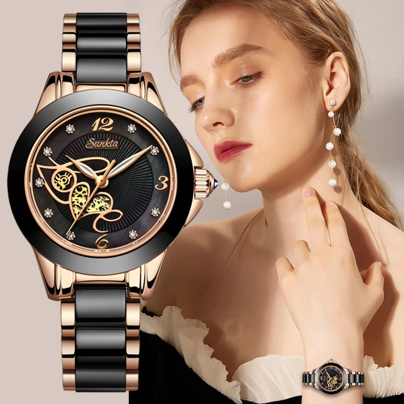 Sunkta Brand Luxury Watch Women's Diamond Surface Ceramic Strap Fashion
