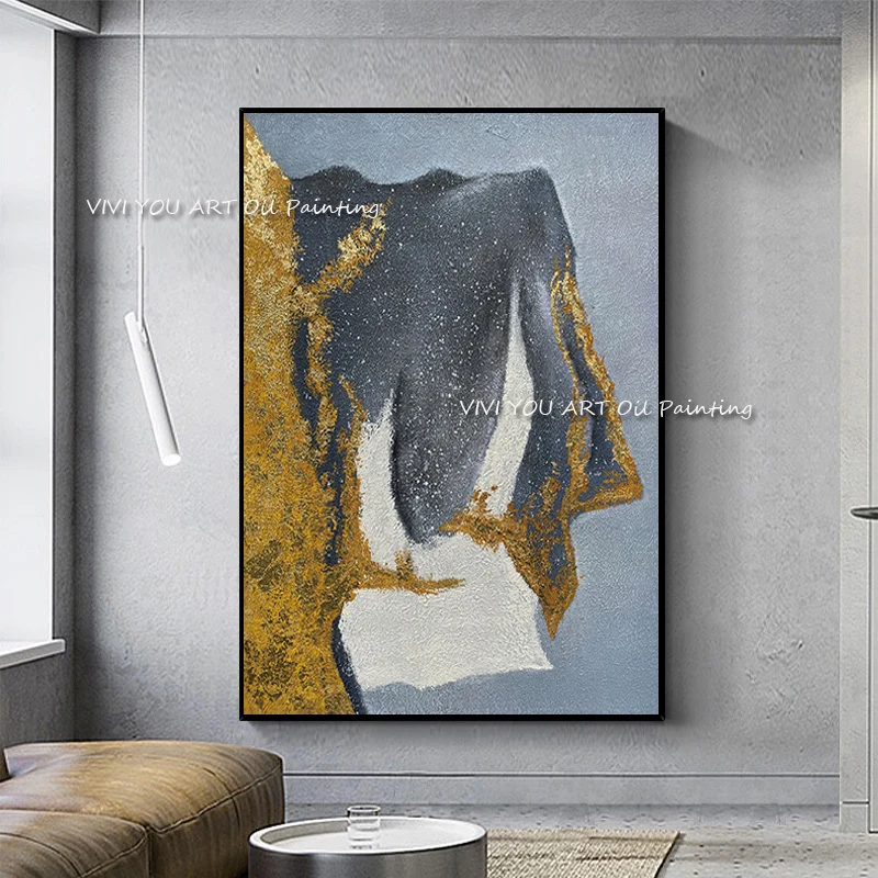

100% Hand painted Gray Golden Blue Large Size Abstract Canvas Oil Painting 100% Handmade Painted Home Decoration Artwork