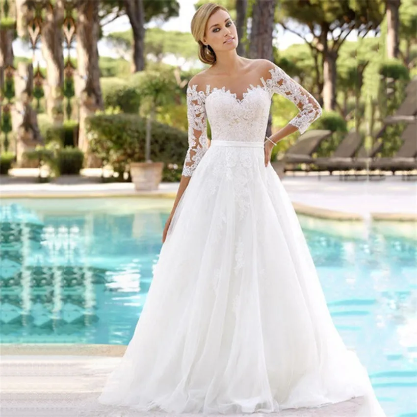 

Lace Applique Wedding Dress 2019 New Elegant Three Quarter Sleeves Chiffon Vintage Bride Dresses White Ivory Bridal Dresses Vestido De Noiva Floor Lenght