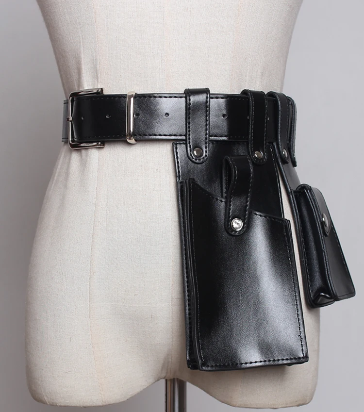 Fashion PU Leather Waist Pack Bag Belt Rectangle Women Leather Waist Pack Square Waist Belt Double Bags Black Green Phone Pocket