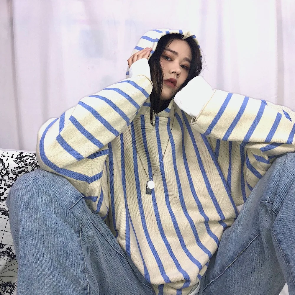 Корейский зимний ulzzang Harajuku шикарный модный полосатый Свободный Повседневный свитер с капюшоном уличный свободный осенний женский свитер