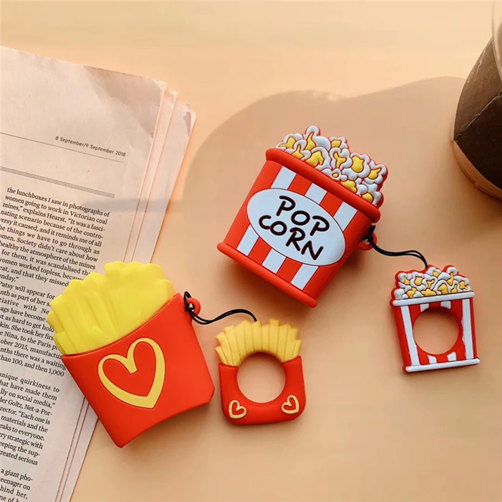 

3D Cute French Fries Pop Corn Silicone Case Storage Box with Keychaiin For Apple Airpods 1 2 Earbuds Earphone Protector Cover