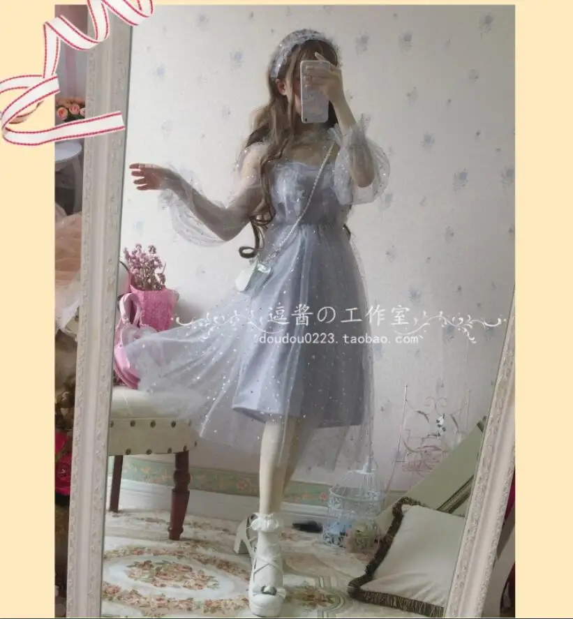 Kawaii для девочек в стиле «Готик Лолита»; op лоли cos милое платье в стиле «Лолита» Фея торжественное платье звезды серо-голубой сетки принцесса платье в викторианском стиле