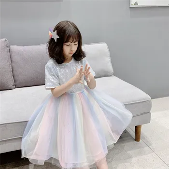 

2020 Girls sparkle shinning sequined rainbow mesh short sleeve bling bling summer princess children kids dress clothings