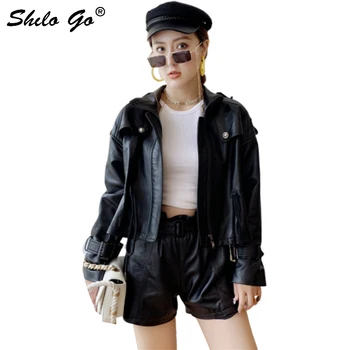 

Genuine Leather Jacket Ruffles Shoulder Belted Cuff Zip Coats Women Autumn Casual Moto Long Sleeve Black Drop Shoulder Outwear