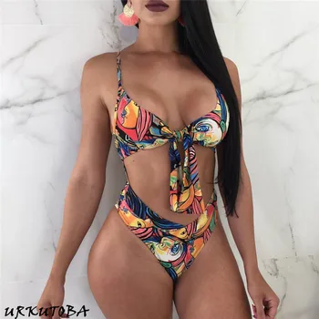 

2020 Women One Piece Swim suit Triquini Swimwear Swim Beach Wear Print Bandage Trikini Swimming Suit Sexy Cut Out Monokini