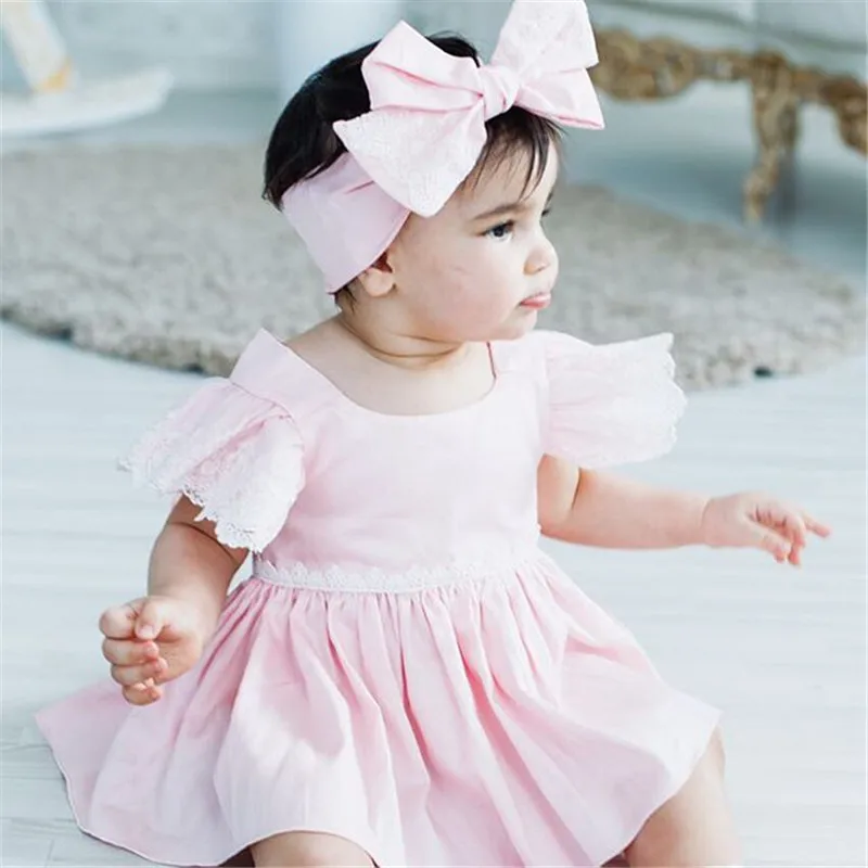 

1-5T 2PCS Lace Pleated Girl Dresses Lovely Kids Baby Girl Clothes Summer Princess Party Girl Dress Sundress with Headband