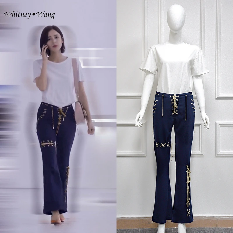 WHITNEY WANG осенние модные уличные дизайнерские стильные женские расклешенные брюки со шнуровкой