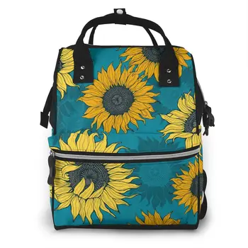 

Yellow Sunflowers Blue Baby Nappy Changing Diaper Mummy Bag Maternity Backpack Bags Stroller Baby Care Waterproof Backpack