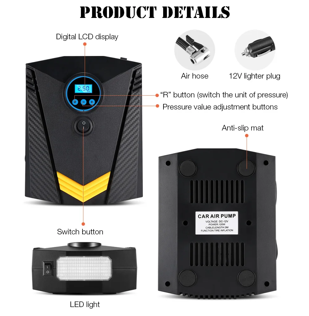 12V автомобильный воздушный компрессор Портативный 120W 60s быстрое надувание воздушный насос 150 PSI авто шин для автомобилей мотоциклов с светодиодный светильник