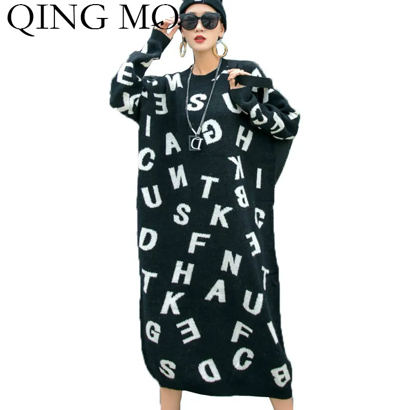 QING MO Black Women Letter Print Sweater Dress