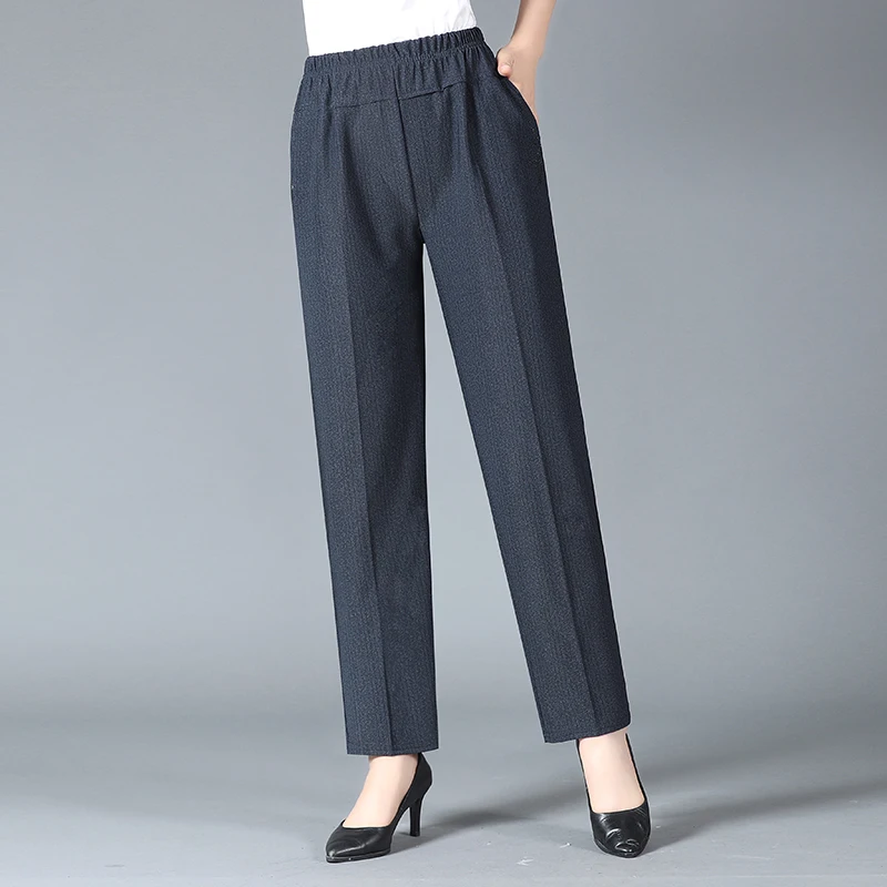 Женские повседневные брюки среднего возраста на осень и весну с эластичным поясом размера плюс Черные Серые