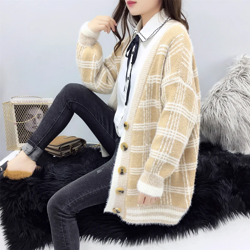 

Women Winter Cardigan Sweater Knitted Korean version knitted jacket 2020 hippocampus Wool Plaid long section autumn Wear Loose