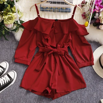 

2020 New Careful Machine Off-the-Shoulder Jumpsuit Women's Super Fairy Ruffle Off-the-Shoulder Strap Wide-Leg Shorts