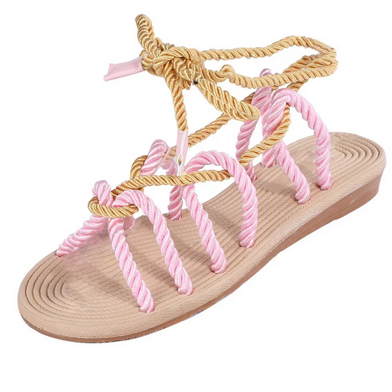 Модные женские сандалии; коллекция года; женские сандалии в римском стиле с пеньковой веревкой; повседневная женская обувь с перекрестной шнуровкой - Цвет: pink