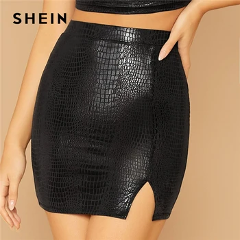

SHEIN Black Split Side Snake Embossed Party Bodycon Skirt Women 2019 Autumn High Waist Night Out Form Fitted Mini Sexy Skirts
