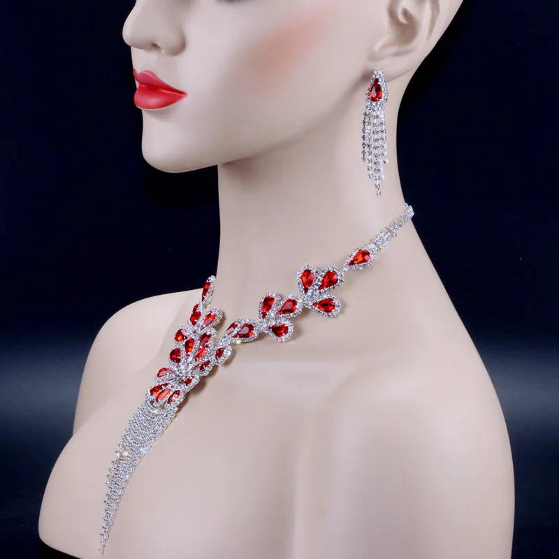 Chran Silver Plated Red Crystal Long Tassels Necklace Earrings Sets for Bride Luxury Sparkling Rhinestone Wedding Jewelry Set