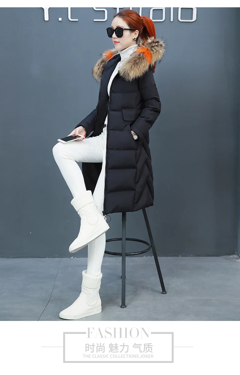 Autumn And Winter Thick Zipper Mid-length Cotton-padded Clothes Women's Korean-style Color Large Fur Collar over-the-Knee S