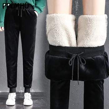 

4XL Plus Size Winter Lambskin Cashmere Harem Warm Pants Women Casual Thick High Waist Loose Velvet Pants Black Lace-up Trousers