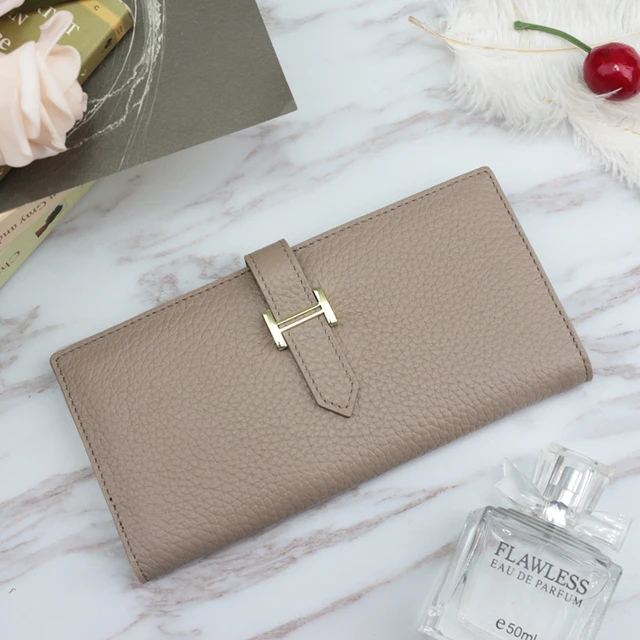 Genuine Leather Women Luxury Lychee Pattern Wallets Long Brand Zipper Coin Purses Female Solid Colors Hasp Thin Clutch Phone Bag Gray