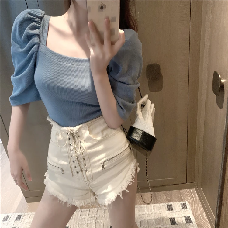 Vintage Square Collor Solid T-shirt Women Slim Short Puff Sleeve Tee Shirts Lady Fashion Stretchy Tops T-shirts For Girls Summer