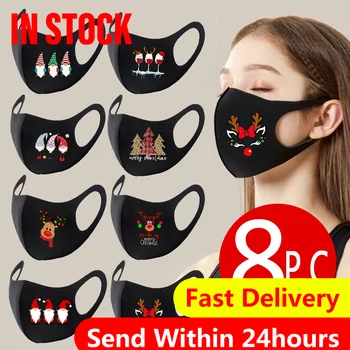 

1/8pc Reusable Cloth Mask Adults Christmas Cartoon Mout Cover Colorful Fabric Face Turban Fashionable Neutral Washable Mask Oc6