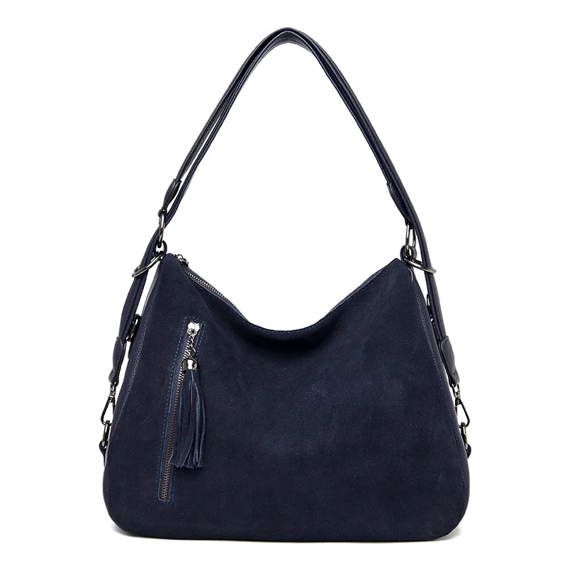 Высококачественная замшевая кожаная женская сумка через плечо, фирменный дизайн, сумки двойного назначения, женская сумка большой емкости, модные замшевые сумки черного цвета - Цвет: Темно-синий
