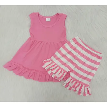 

RTS Hot Kids clothing sets summer sleeveless ruffle tunic waist design stripe bottom baby babies girls boutique outfits cotton