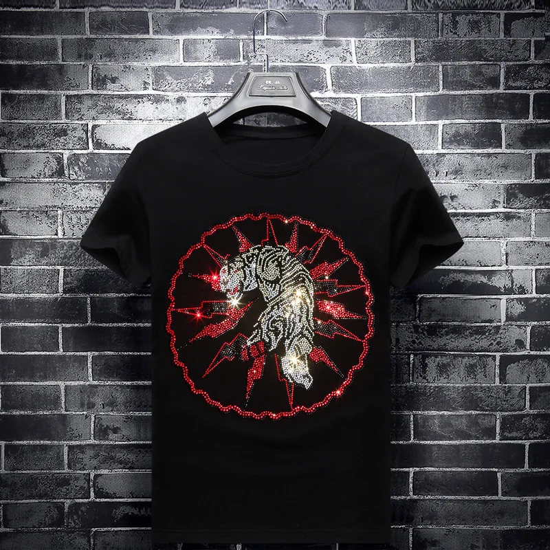 

2019 Tiger Rhinestones T Shirts Men Short Sleeve Fashion Clothing Streetwear O Neck Slim Modal Cotton Tshirts Camisetas Hombre