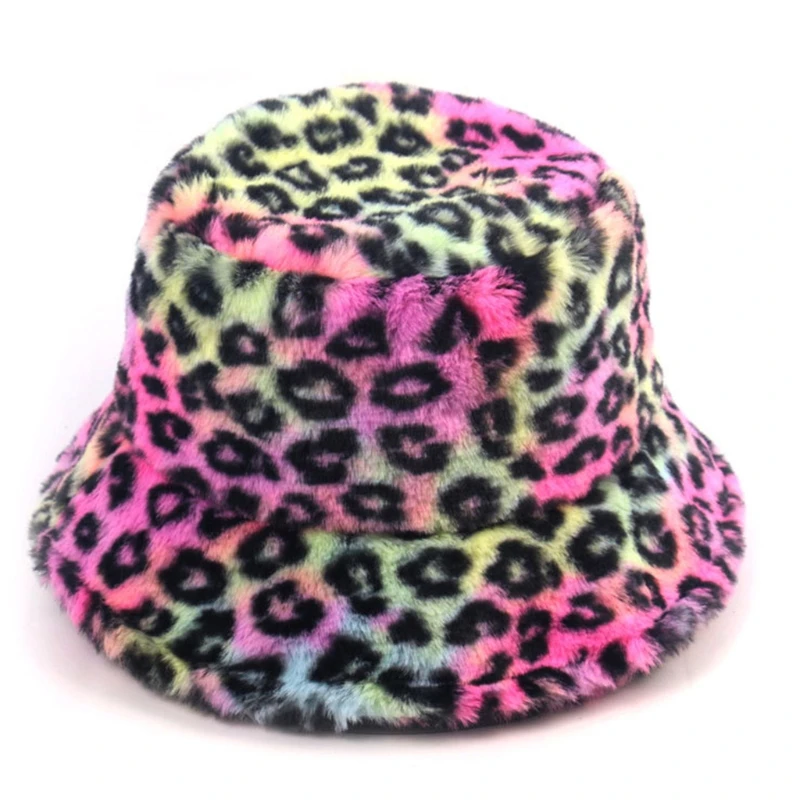 

Women Winter Warm Fluffy Plush Bucket Hat Colorful Tie-Dye Leopard Fisherman Cap