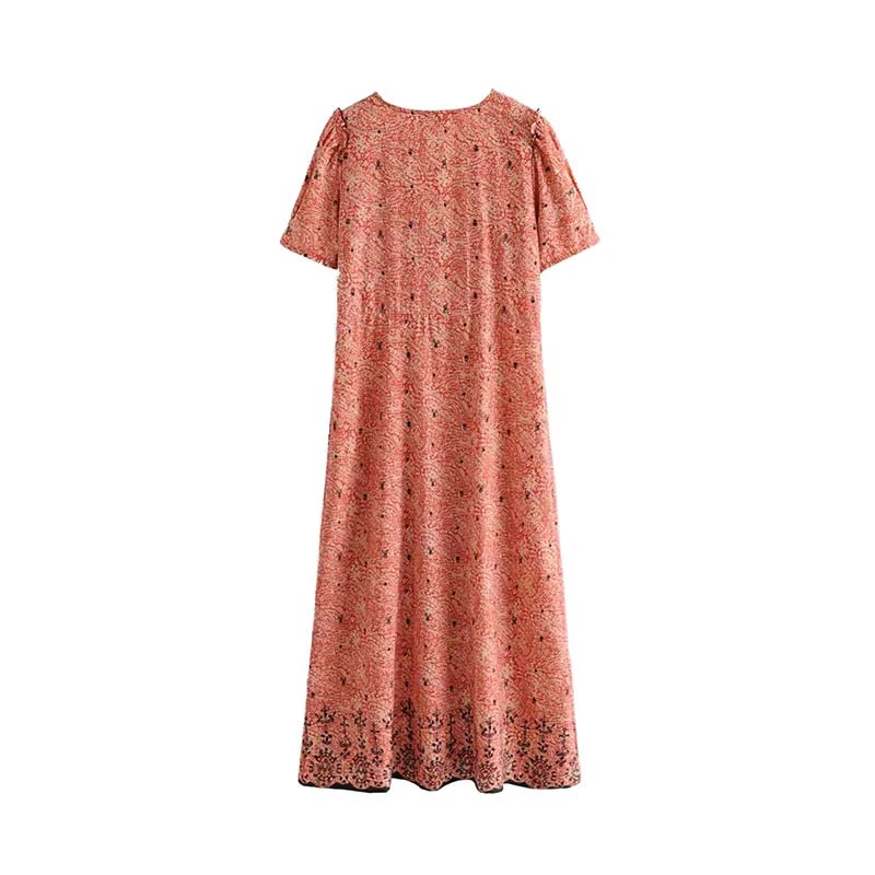 Vintage Elegant Ruffles Buttons Print Maxi Dress Women Fashion V Neck Short Sleeve Side Zipper Dresses Vestidos Mujer
