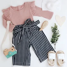 От 0 до 2 лет, комплект детской одежды для новорожденных девочек, детская одежда для малышей 2 предмета, хлопковый боди с длинными рукавами+ штаны в полоску Одежда для маленьких девочек