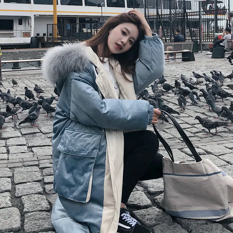 

Double 11 Main Push South Korea Contrast Color Large Fur Collar Velvet Cotton Coat Women's Mid-length 18 Winter Style INS down F
