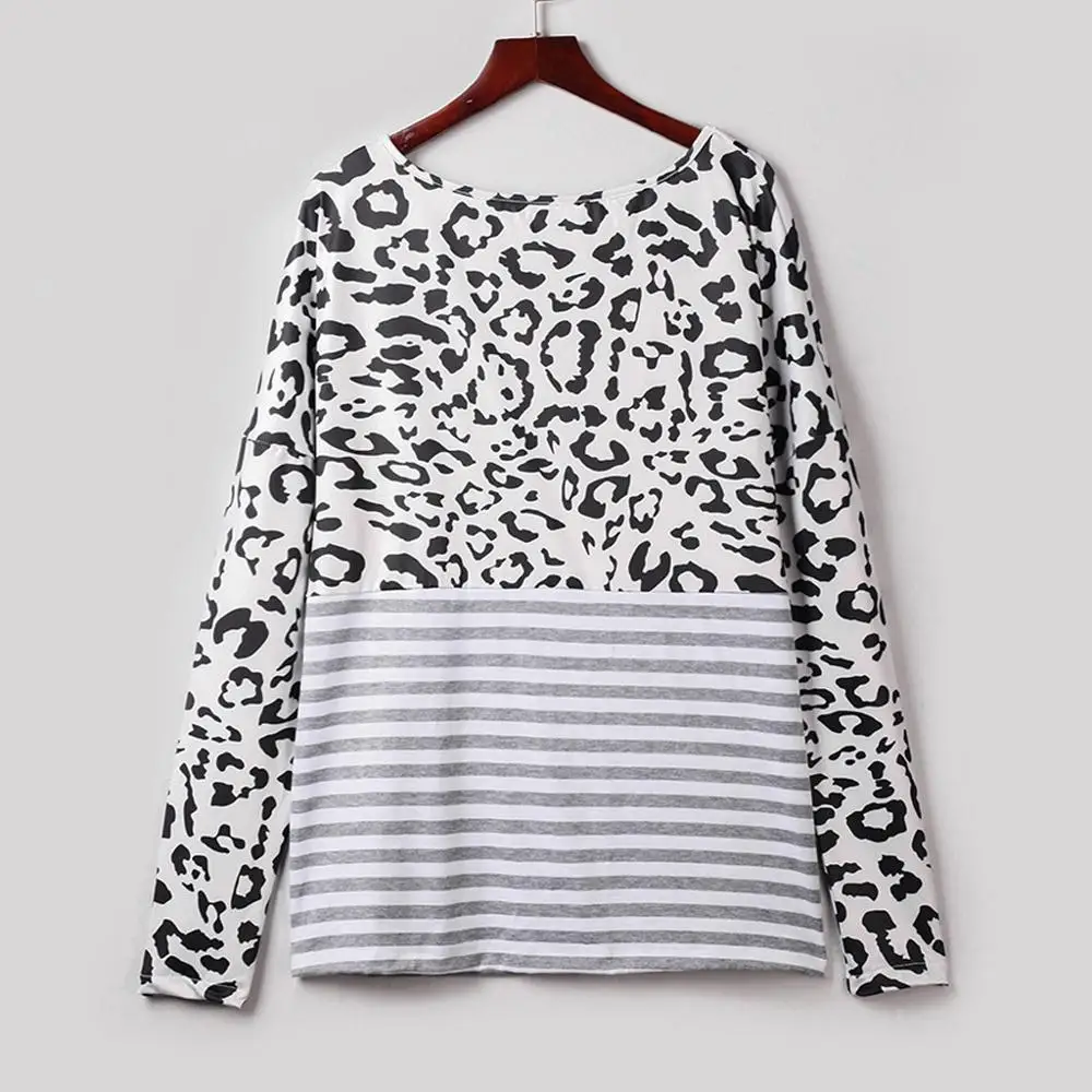 2019 Ladies Blouses And Shirt O-Neck Shirt Long Sleeves Leopard Print Splicing Stripe Easy Blouse Top Blusas Femininas Modis BB3