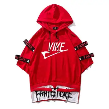 

Vike Hooded tshirts Ribbon T Shirts men Short Sleeve Oversize top tees hip hop Streetwear skate man clothes homme tees wholesale