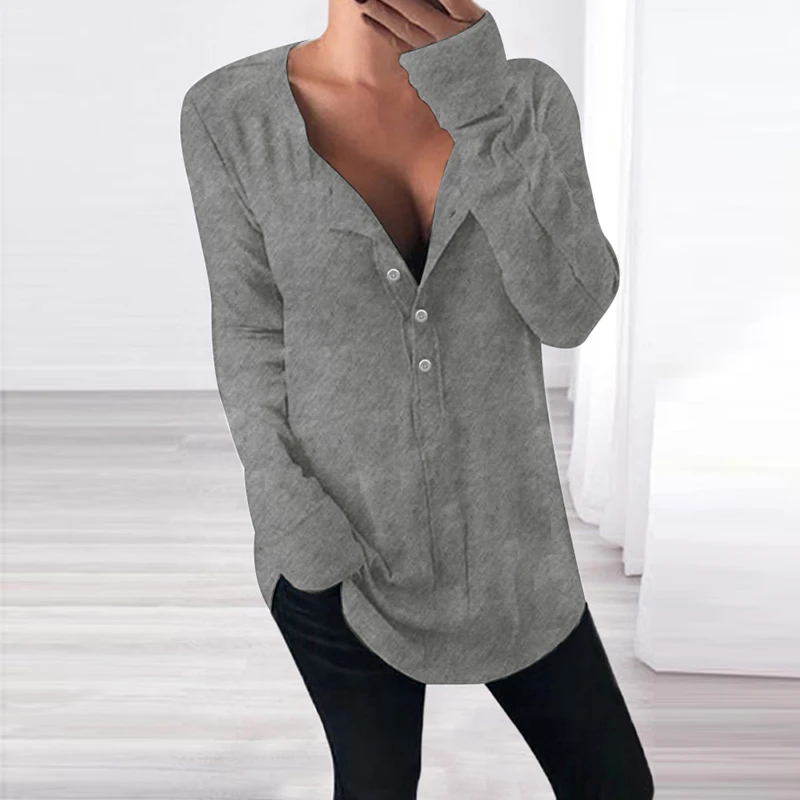 Light Grey ZANZEA, женская блузка, рубашка, Женские однотонные топы на пуговицах спереди, Повседневная Туника с длинным рукавом,, винтажные блузы, Женская свободная сорочка - Цвет: Light Grey