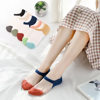 

1Pair Fashion Summer Women Ultrathin Transparent Socks Harajuku Crystal Glass Silk Sock Color Spilicing Summer Happy Boat Socks
