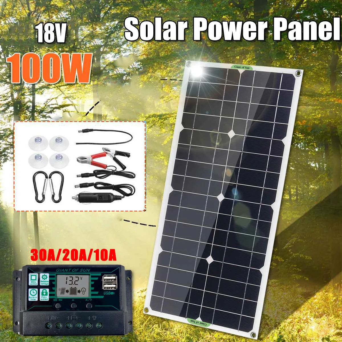 Controlador de Carga Carregador de Bateria do Carro Usb com 30a Protable Painel Solar 18v Dupla Porta Módulo Monocristalino Yart Kit 100w