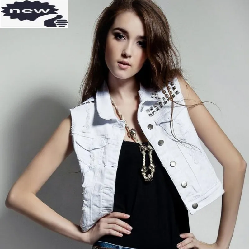 

Vintage White Denim Waistcoat Cool Rivet Jean Jacket Coat Single Breasted Sleeveless Jeans Vest Women