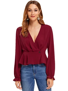 

V-neck Cross Neckline Ruffled Tunic Long Sleeves Blouse Classic Thin and High Comfortable Soft Retouch Face Shirt