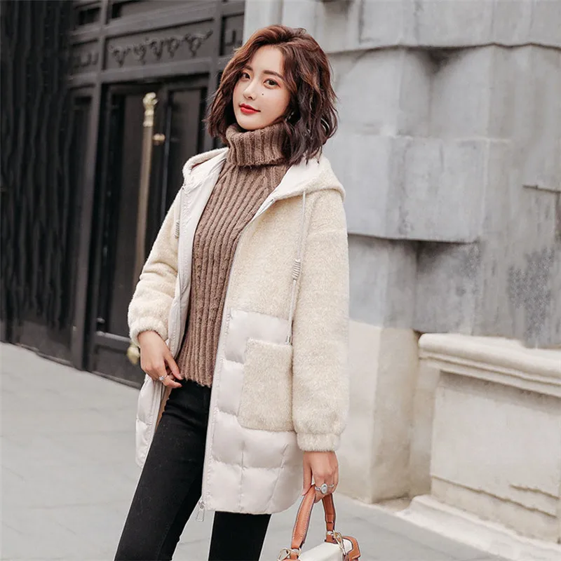 Beige С капюшоном сшивание вниз хлопок куртка Женский длинный участок корейский зима Casacos длинный рукав свободный для похудения пальто YH465 - Цвет: Beige