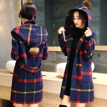 

Hot Women Grid Hooded Overcoat Long Sleeve Slim Fit Woolen Coats Windproof Warm Outwear A66