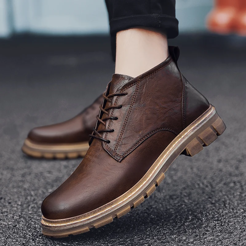 

leather Winter shoes Men's Boots lace-up breathable outdoor sneaker fashion Winter snow Flats * men boots