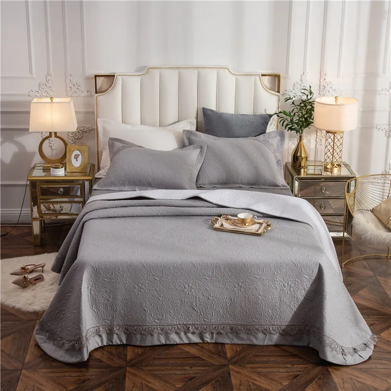 New 1pc 245x245cm and 245x265cm gray white cotton Bedspread and 2pcs pillowcase blanket Duvet Quilt bed cover