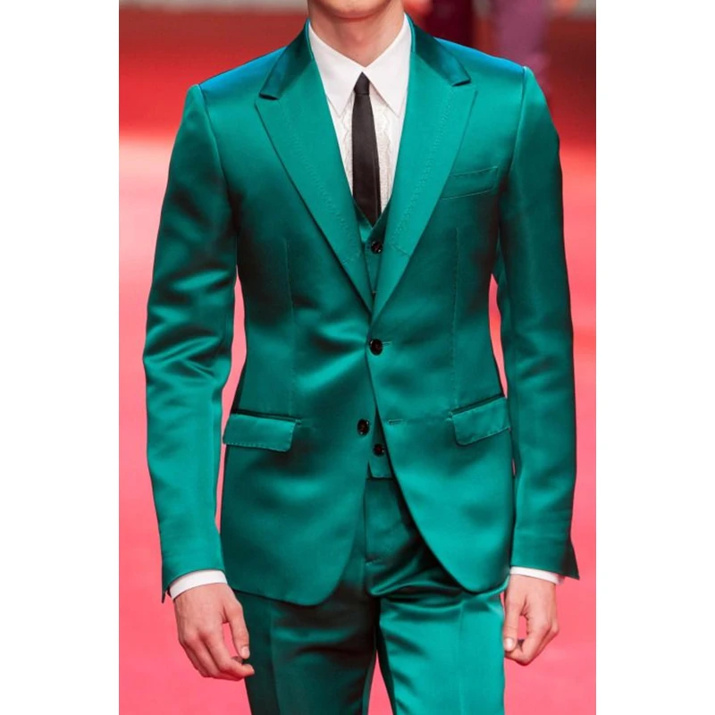 

Custom Made Green Satin Men Suits Slim Fit Groom Tuxedos 3 Pieces Wedding Suits Fashion Prom/Party Suits (Jacket+Pant+Vest)