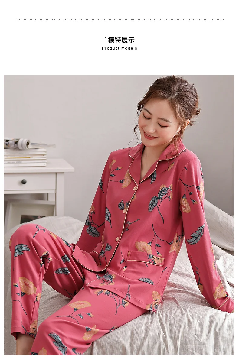 Осенние женские пижамные комплекты с брюками, Хлопковая пижама, плюс размер, пижама с цветочным принтом, ночное белье, комплект из 2 предметов, пижама с длинными рукавами